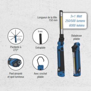 LAMPE BALADEUSE EVO 8 COB LED 3W ORIENTABLE MAGNETIQUE BATT. LI-ION