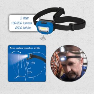 LAMPE FRONTALE HD200 COB LED AVEC DETECTEUR 2W RECHARG. BATT. LI-ION